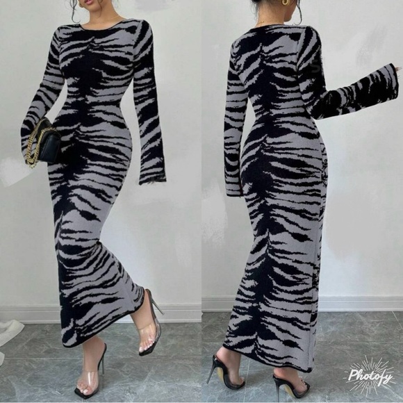 Luxe Zebra Print Long Sleeve Knit Sweater Dress Pink - Picture 3 of 6